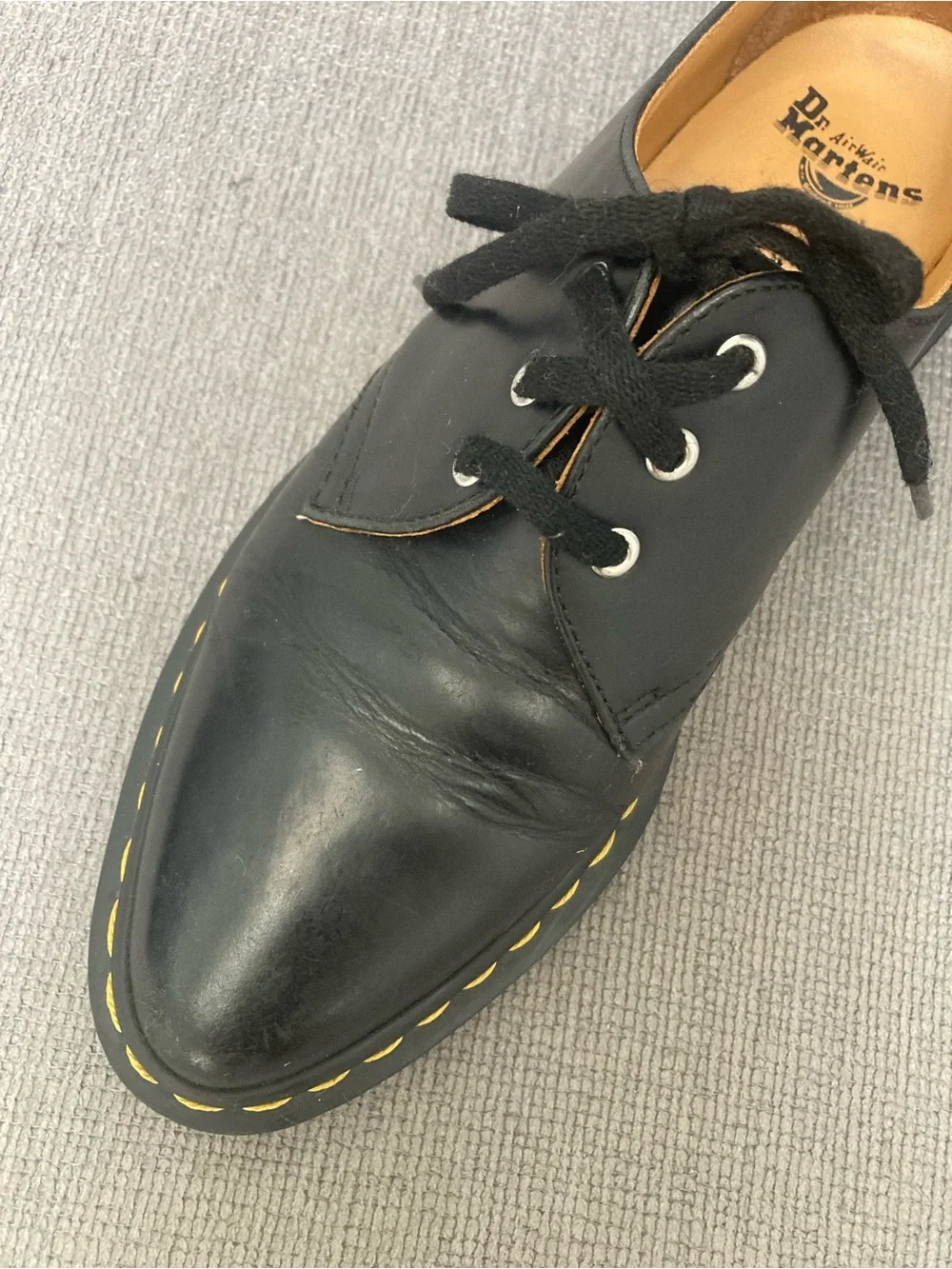Dr. Martens Black Leather 3-Eye Derby with Yellow Stitching